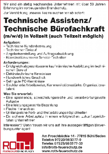 Stellenanzeige Technische Assistenz / Technische Bürofachkraft (m/w/d) in Vollzeit (auch Teilzeit möglich) Stellenanzeige Technische Assistenz / Technische Bürofachkraft (m/w/d) in Vollzeit (auch Teilzeit möglich)