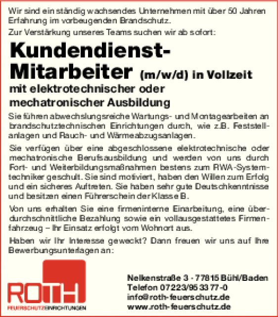 Kundendienst- Mitarbeiter (m/w/d) in Vollzeit mit elektrotechnischer oder mechatronischer Ausbildung Kundendienst- Mitarbeiter (m/w/d) in Vollzeit mit elektrotechnischer oder mechatronischer Ausbildung